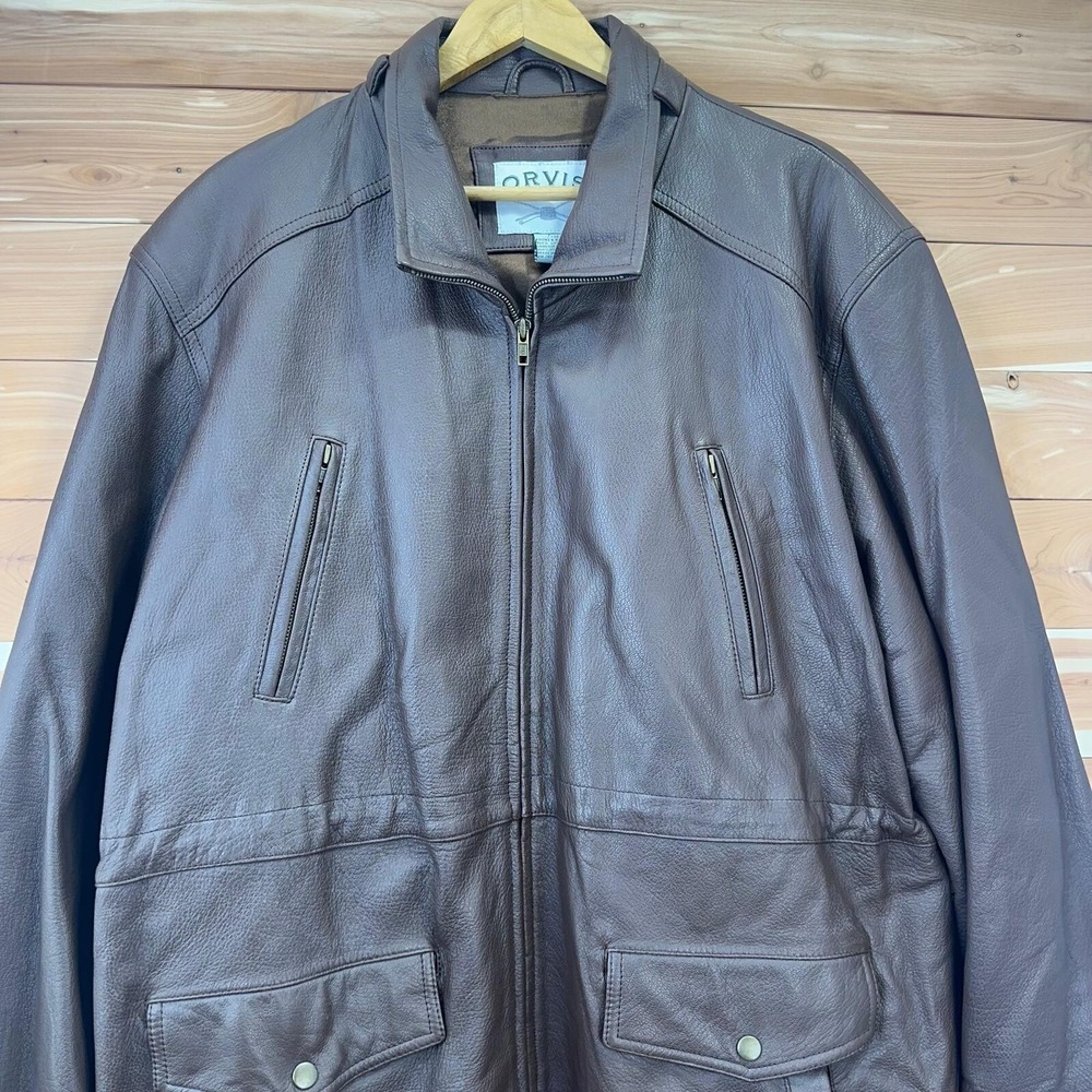 Orvis Leather Jacket Long Trench Coat Hooded Parka Adjustable Waist Men's Sz L